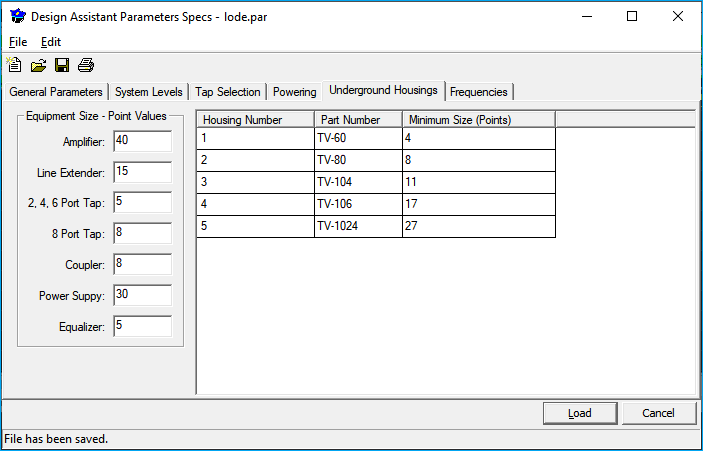 Design Parameter specs underground housing tab